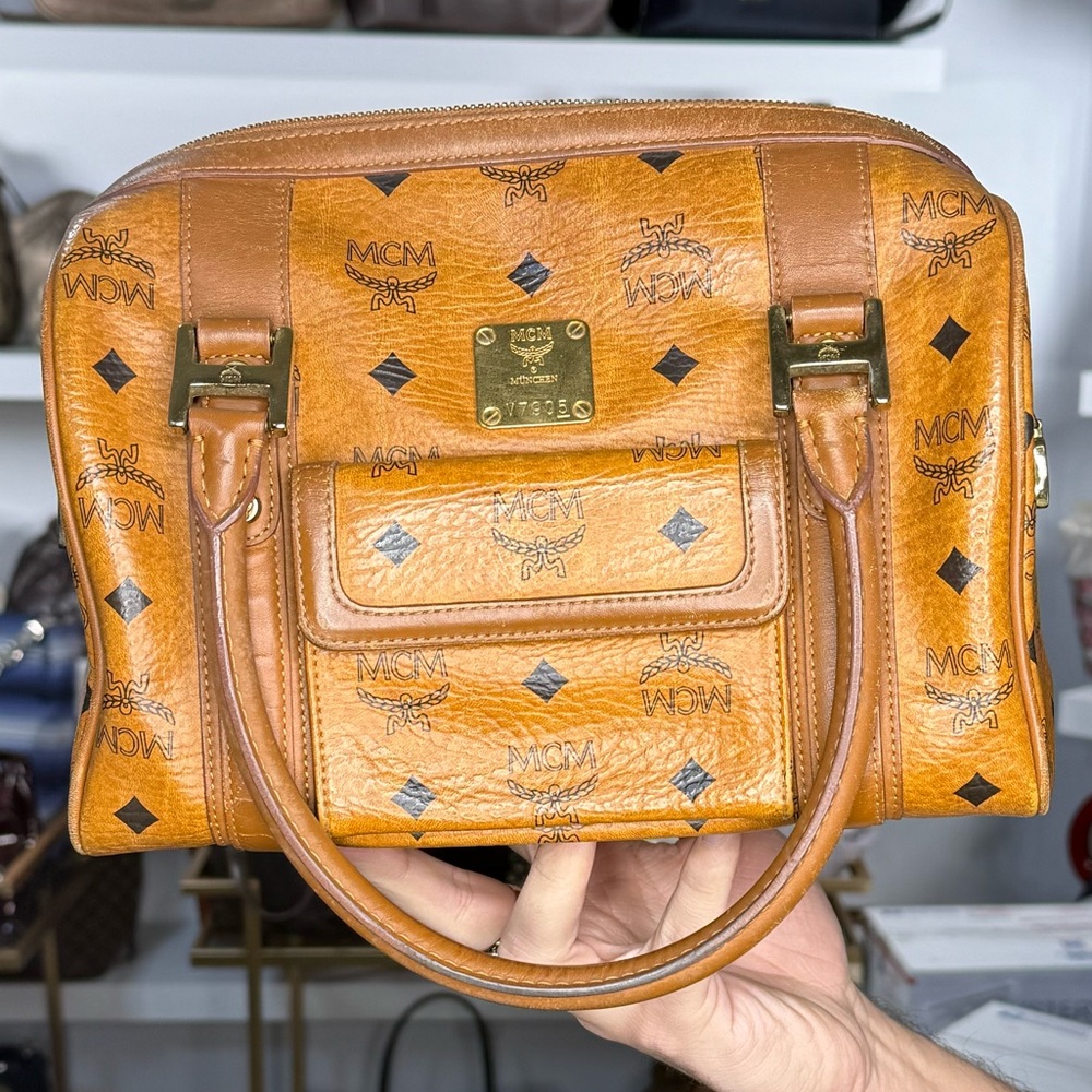 MCM Cognac Visetos Boston Bag